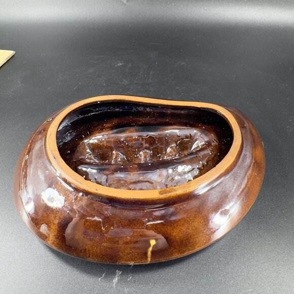 Vintage Mid Century Ceramic RedWare Pottery Ashtray Dish Brown Yellow Drip Glaze - Picture 12 of 13